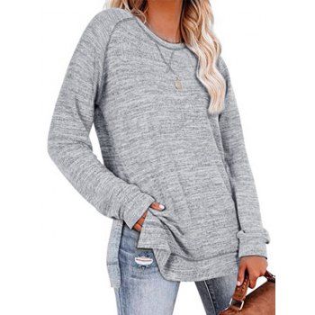 

Raglan Sleeve Knit Sweatshirt Topstitching Side Slit Knitted Long Pullover Sweatshirt, Light gray