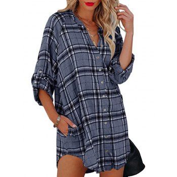 

Vintage Shirt Plaid Print Shirt Curved Hem Stand Collar Button Up Casual Shirt, Deep blue