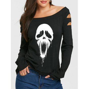

Halloween Pumpkin Print T Shirt Skew Neck Cut Out Long Sleeve Gothic Tee, Multicolor