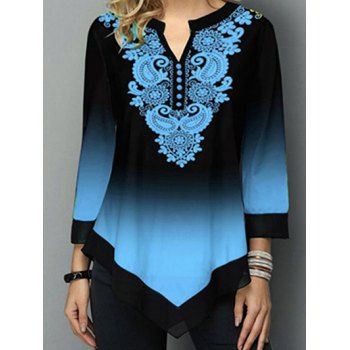 

Flower Paisley Print Ombre T Shirt Asymmetric Chiffon Hem T-shirt Notched Mock Button Long Sleeve Tee, Black