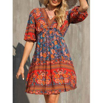 

Flower Allover Print Bohemian Dress Lantern Sleeve Ruffles Elastic Waist Mini Dress V Neck Modest Dress, Red