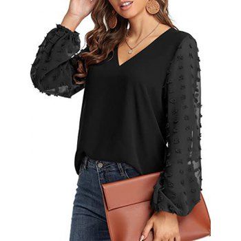 

Swiss Dots See Thru Long Sleeve Blouse V Neck Chiffon Blouse, Black