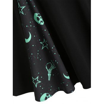 Gothic Dress Moon Skeleton Star Skull Print Foldover Ruched Godet A Line Mini Dress