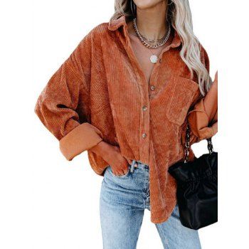 

Ribbed Corduroy Shirt Plain Color Pocket Patch Long Sleeve Button Up Cord Shirt, Coffee