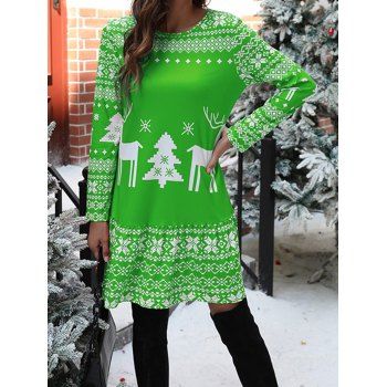 

Christmas Dress Elk Tree Snowflake Geometric Print Long Sleeve A Line Mini Dress, Green