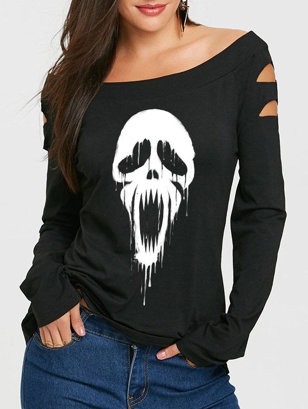 T-shirt D'Halloween Gothique Découpé Motif Imprimé Manches Longues à Col Oblique - multicolor XL