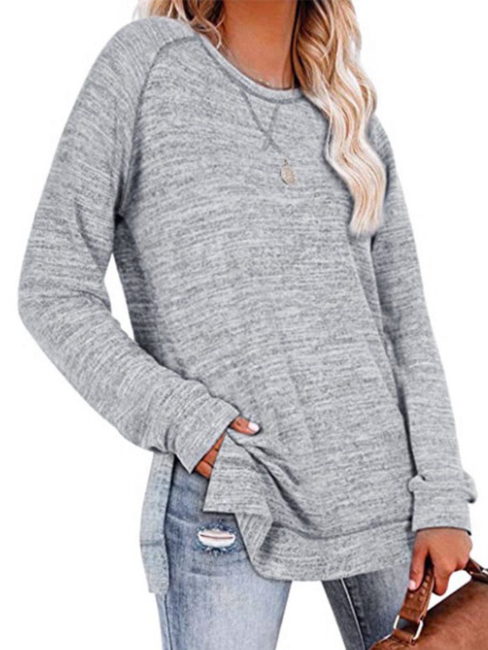 Raglan Sleeve Knit Sweatshirt Topstitching Side Slit Knitted Long Pullover Sweatshirt - LIGHT GRAY XL
