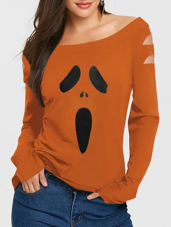T-shirt D'Halloween Gothique Découpé Motif Imprimé Manches Longues à Col Oblique - Orange M