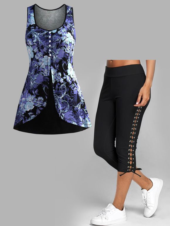 Haut Débardeur Court à Bretelle à Imprimé Fleuri et Legging Moulant Boutonné - multicolor M
