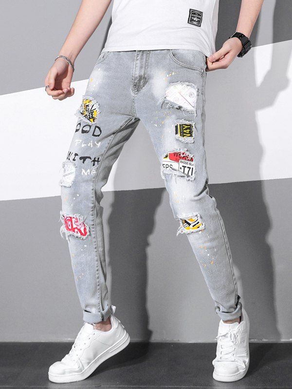 Slogan Ripped Patches Denim Pants Painting Dots Print Long Straight Casual Jeans - LIGHT GRAY 38