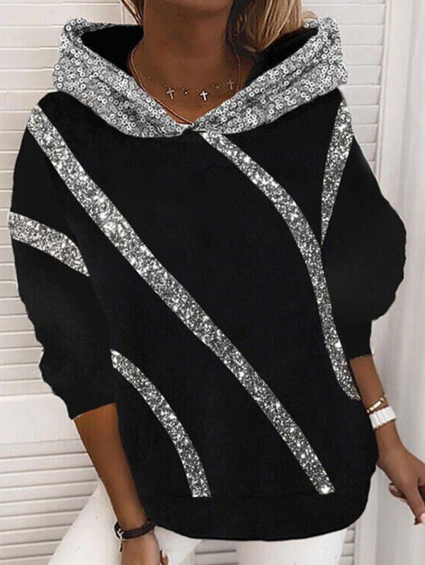 Sparkly Sequins Hoodie Metallic Strip Long Sleeve Pullover Club Hoodie - BLACK 3XL