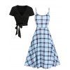Plaid Print Sleeveless High Waisted A Line Midi Sundress and Crossover Tied Solid Color T Shirt Summer Casual Outfit - LIGHT BLUE XL