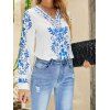 Contrast Flower Print Ethnic Tribal Blouse Button Up Long Sleeve Blouse Curved Hem Blouse - WHITE 3XL
