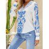 Contrast Flower Print Ethnic Tribal Blouse Button Up Long Sleeve Blouse Curved Hem Blouse - WHITE 3XL
