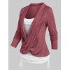 Crossover Heathered Long Sleeves Ruched Cinched Faux Twinset T-shirt