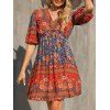 Robe Courte à Imprimé Florale Bohémienne à Col en V à Manches Lanternes - Rouge M