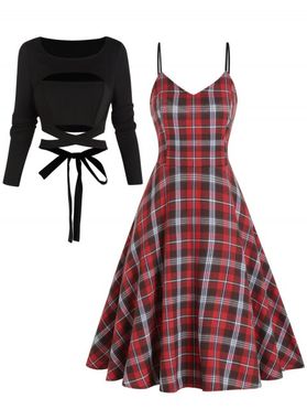 Plaid Print High Waisted A Line Mini Dress And Cut Out Tied Back Long Sleeve T Shirt Two Piece Outfit