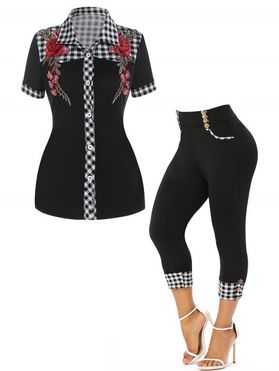Plaid Rose Embroidery Pattern Button Up Short Sleeve Shirt And Mock Button Capri Leggings Outfit