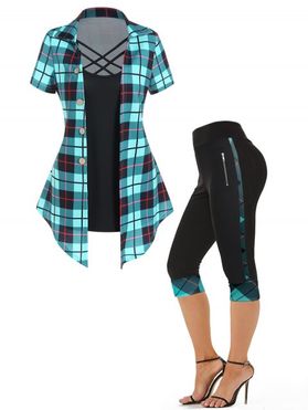 Plaid Print Colorblock Asymmetric Crisscross Mock Button Faux Twinset T Shirt And High Waist Cropped Leggings Outfit