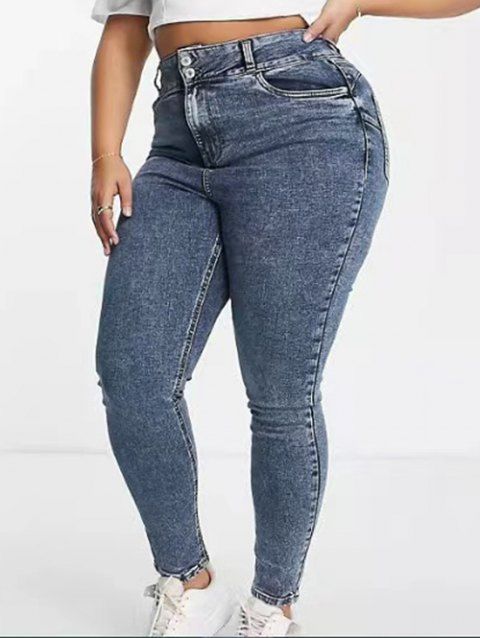 Plus Size Jeans Zipper Fly Jeans Pockets High Waisted Skinny Demin Pants
