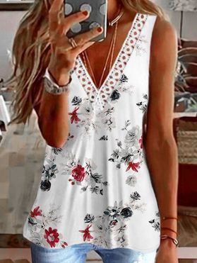 Flower Print Tank Top Lace Panel V Neck Summer Casual Tank Top