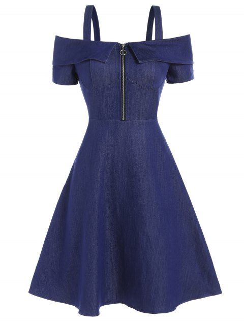 Casual Denim Dress Foldover Solid Color Half Zipper Cold Shoulder A Line Mini Dress