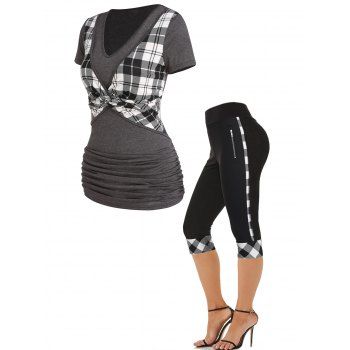 

Plaid Print Ruched Twisted V Neck Short Sleeve Faux Twinset T Shirt And High Waist Capri Leggings Outfit, Multicolor