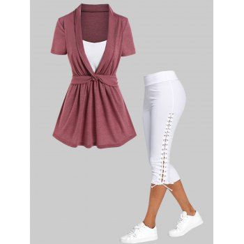 Colorblock Twisted Short Sleeve Faux Twinset T Shirt And Grommet Lace Up Capri Leggings Outfit