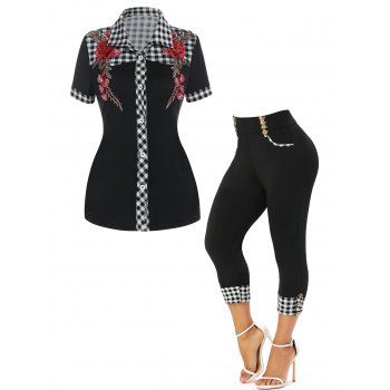 Plaid Rose Embroidery Pattern Button Up Short Sleeve Shirt And Mock Button Capri Leggings Outfit