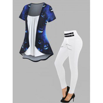 

Halloween Pumpkin Face Print Faux Twinset T Shirt And Zipper Grommet Pants Gothic Outfit, Multicolor