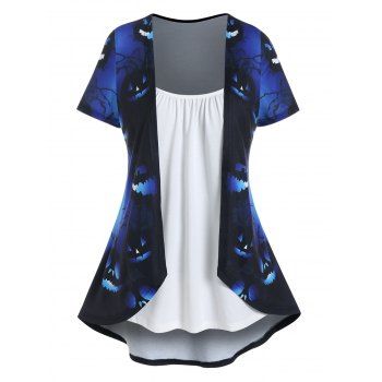 

Halloween Pumpkin Face Print Faux Twinset T Shirt Short Sleeve Asymmetric 2-In-1 Tee, Blue