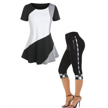 

Colorblock Short Sleeve T Shirt And Plaid Panel High Waist Capri Leggings Outfit, Black