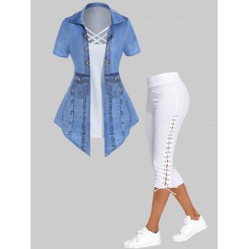 

Faux Denim 3D Print Crisscross Short Sleeve Asymmetric Faux Twinset T Shirt And Lace Up Capri Leggings Outfit, Multicolor