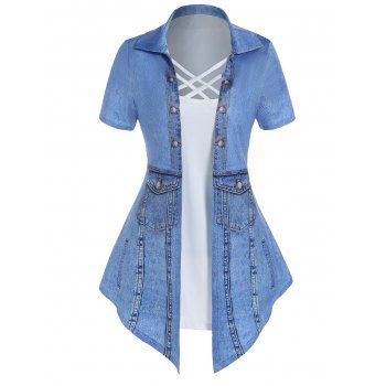 

Faux Twinset T Shirt Faux Denim 3D Print Crisscross Pointed Hem Casual Tee, Light blue