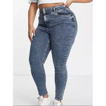 

Plus Size Jeans Zipper Fly Jeans Pockets High Waisted Skinny Demin Pants, Blue