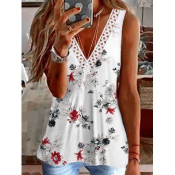 

Flower Print Tank Top Lace Panel V Neck Summer Casual Tank Top, White