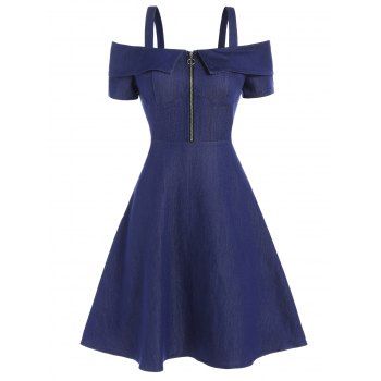 

Casual Denim Dress Foldover Solid Color Half Zipper Cold Shoulder A Line Mini Dress, Deep blue