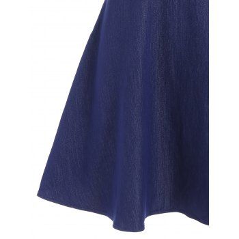 Casual Denim Dress Foldover Solid Color Half Zipper Cold Shoulder A Line Mini Dress