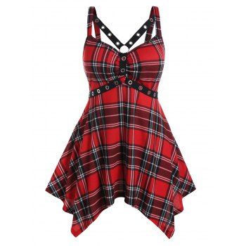 

Plus Size Tank Top Vintage Tank Top Plaid Print Cut Out Grommet Empire Waist Handkerchief Hem Casual Top, White