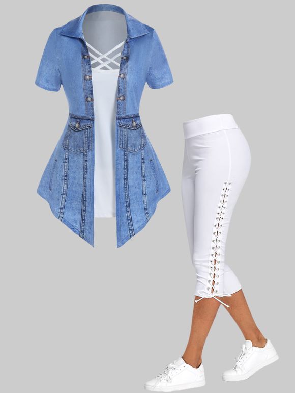 Ensemble Legging Corsaire à Imprimé 3D Denim Croisé et T-shirt à Manches Courtes avec Faux Deux Pièces - multicolor S