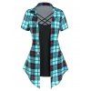 Casual Faux Twinset T Shirt Crisscross Plaid Print Mock Button Turn Down Collar Summer Tee - LIGHT BLUE XXXL