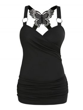 Plus Size Tank Top Butterfly Lace Crossover V Neck Tank Top O Ring Strap Ruched Curve Tank Top
