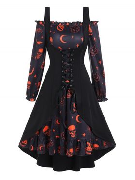 Pumpkin Skull Bat Cat Print Ruffle A Line Mini Dress And Lace Up Slit Tank Top Halloween Gothic Set