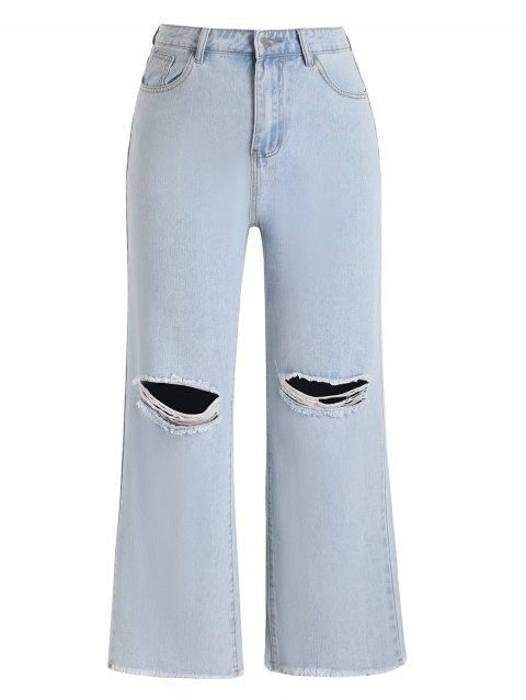 Jean Déchiré Jambe Large à Ourlet Effrangé de Grande Taille en Denim