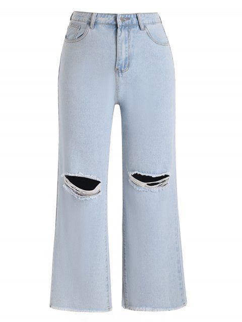 Plus Size Jeans Distressed Jeans Zipper Fly Pockets Frayed Hem Wide Leg Denim Pants