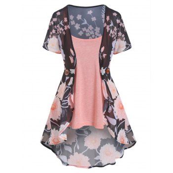 Flower Print Open Front Short Sleeve Asymmetric See Thru Top And Heathered Camisole Two Piece Set