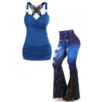 

Ruched Butterfly Lace O Ring Surplice Tank Top And Galaxy Moon Print Pants Casual Outfit, Blue