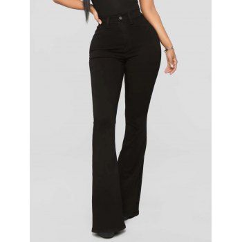 

Flare Pants Solid Color Jeans Pockets Zipper Fly Overlength Casual Denim Pants, Black