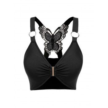 

Butterfly Lace Ruched O Ring Strap Crop Tank Top, Black