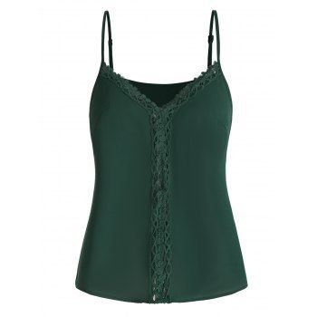 

Plus Size Tank Top Solid Color Cami Top Lace Panel Plunging Neck Casual Top, Deep green